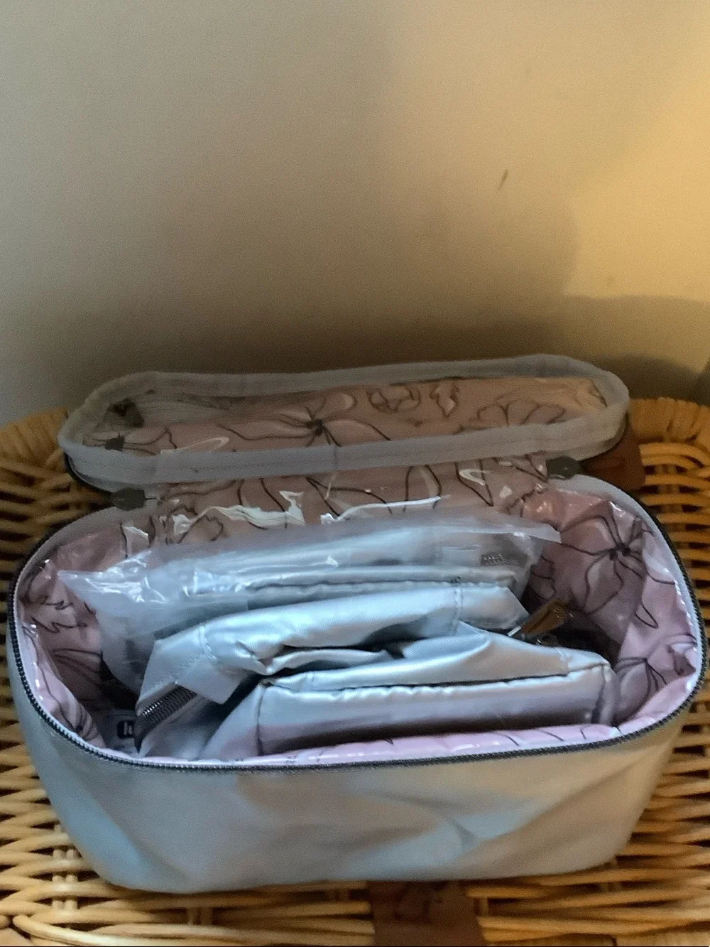 Set of 3 lug Metallic Silver Cosmetic Pouch with Top Handle